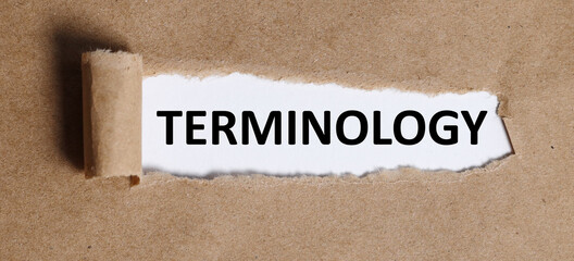 terminology. text on white paper on torn paper