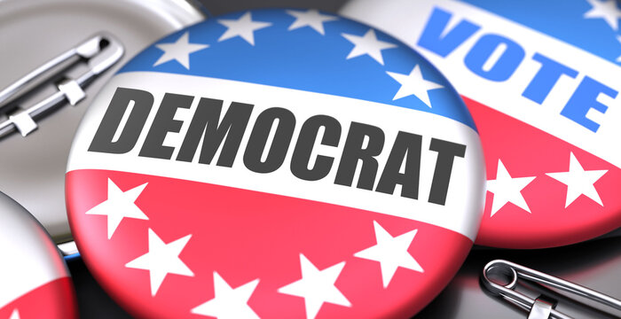 Democrat and elections in the USA, pictured as pin-back buttons with American flag, to symbolize that Democrat can be an important  part of election, 3d illustration