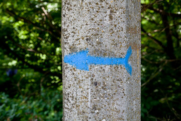 Blue arrow drawn with paint on a concrete pillar