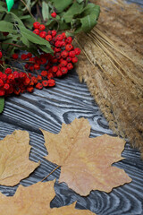 A bouquet of dried grass and rowan branches. Nearby are dried maple leaves. They lie on black pine boards.