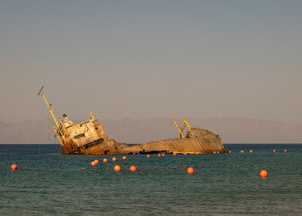 Sunset view of shipwreck in the Gulf of Aqaba off the Saudi Arabian coast, Haql Province