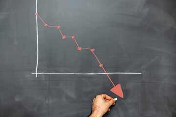 person pointing red descending graph on blackboard
