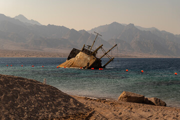 Sunset view of shipwreck in the Gulf of Aqaba off the Saudi Arabian coast, Haql Province