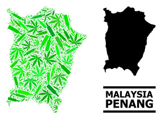 Addiction mosaic and solid map of Penang Island. Vector map of Penang Island is composed of random syringes, hemp and wine bottles. Abstract territory plan in green colors for map of Penang Island.