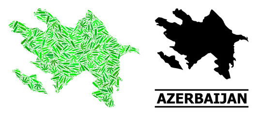 Drugs mosaic and usual map of Azerbaijan. Vector map of Azerbaijan is created with scattered vaccine doses, cannabis and alcohol bottles.