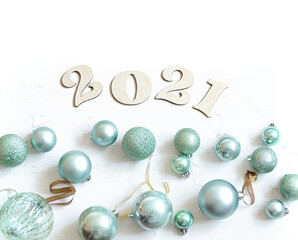 New year's holiday composition with wooden numbers 2021 and festive decor