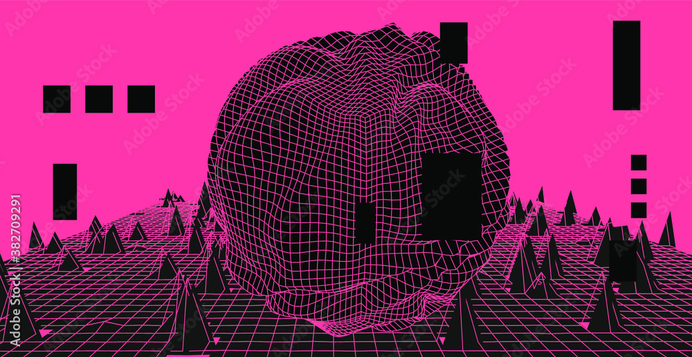Poster glitched and distorted sphere on dark background.