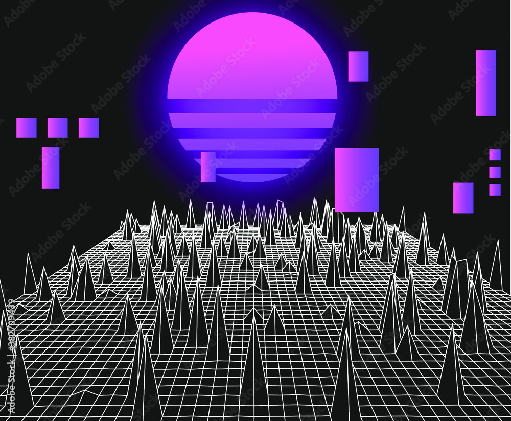 Poster retrofuturistic synthwave neon landscape with glowing sun like in old arcade video games.