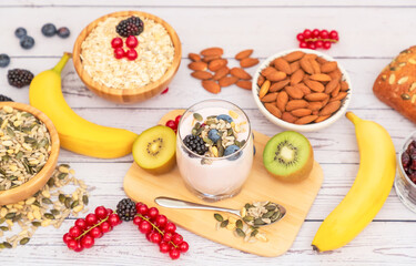 Group Fruits Breakfast with bread Whole grains and nuts, yogurt mix with Cherry , banana, avocado in the wooden table. Breakfast for Health and Diet concept