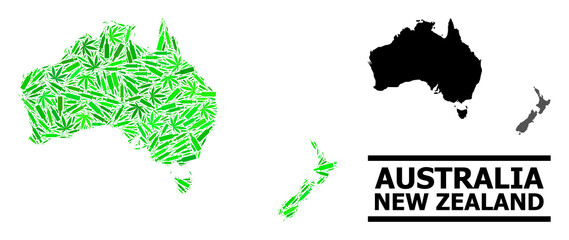 Addiction mosaic and usual map of Australia and New Zealand. Vector map of Australia and New Zealand is formed with random inoculation icons, herbal and drink bottles.