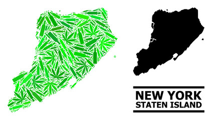 Drugs mosaic and usual map of Staten Island. Vector map of Staten Island is designed from random vaccine doses, hemp and alcoholic bottles.