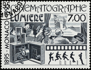 Cinematograph of Lumiere brothers on postage stamp - obrazy, fototapety, plakaty