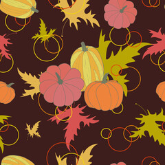 Bright seamless pattern three pumpkins with leaves on a chocolate background. Autumn mood.