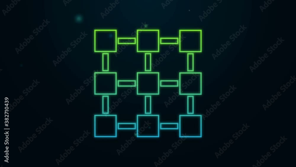 Poster glowing neon line blockchain technology icon isolated on black background. cryptocurrency data. abst