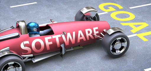 Fototapeta premium Software helps reaching goals, pictured as a race car with a phrase Software on a track as a metaphor of Software playing vital role in achieving success, 3d illustration