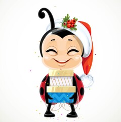 Cute happy cartoon smiling little ladybug in Santa hat holding gifts in festive packaging isolated on a white background © Azuzl