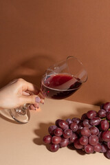 Girl's hand keeps wineglass with red wine on bunch of grapes background. Wine time. Relax. Good evening.