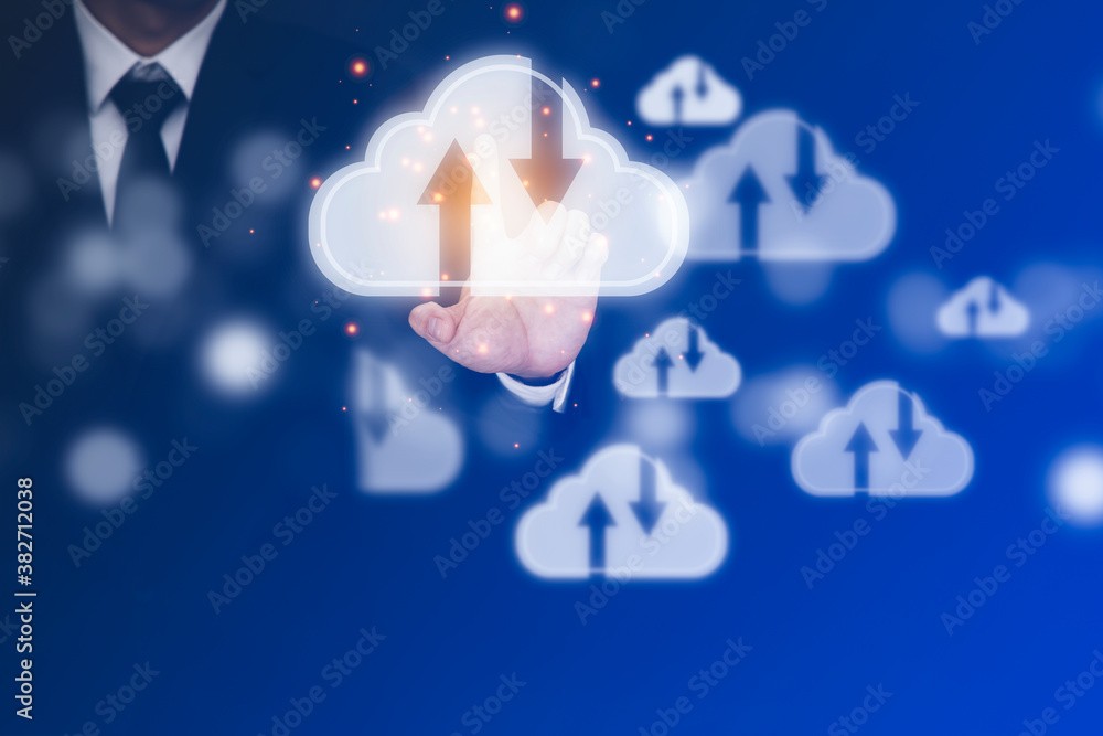 Poster businessman touchscreen cloud icon network and line control in graph screen icon of a media screen, 