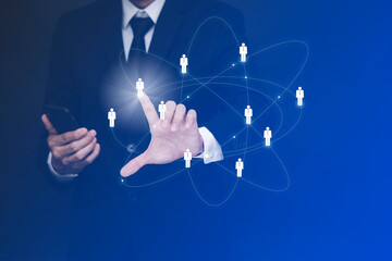 Businessman touchscreen HR Human ,people icon on the graph Screen of a media screen, Technology Process System Business with Recruitment, Hiring, Team Building. Organisation structure concept.