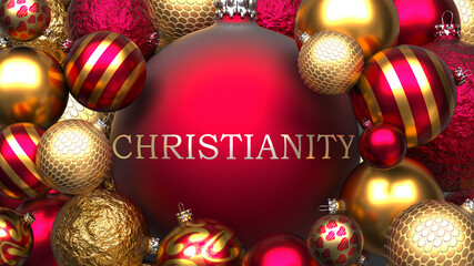 Luxury, golden and red Christmas ornament balls with a phrase Christianity to show the symbolize warmth and importance of Christmas Holidays, 3d illustration