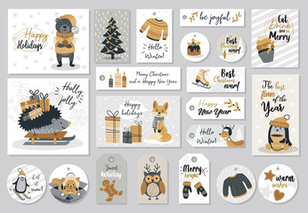 Set of modern hand drawn christmas gretting cards and tags with animals and other isolated elements. Vector illustration.