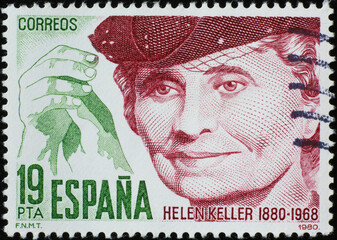 Portrait of Helen Keller on spanish stamp