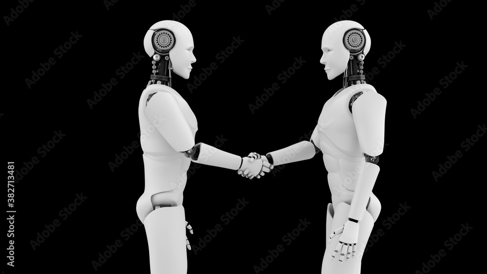 Aufkleber futuristic robot handshake , artificial intelligence cgi on black background . robotic man 3d render