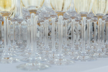 Glasses of champagne at the Banquet, white sparkling wine in wine glasses, festive mood