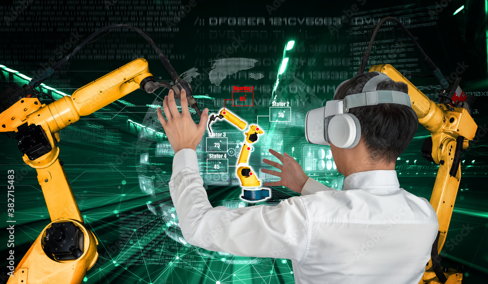 Poster engineer controls robotic arms by augmented reality industry technology application software. smart 