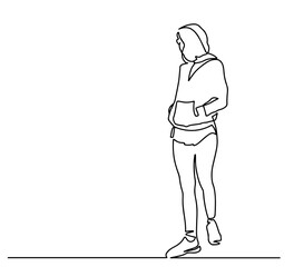 Continuous one line drawing of young pretty woman in a hoodie. Back view. One line drawing of a woman in hoodie and glasses walking. woman in sport cloth. Vector illustration