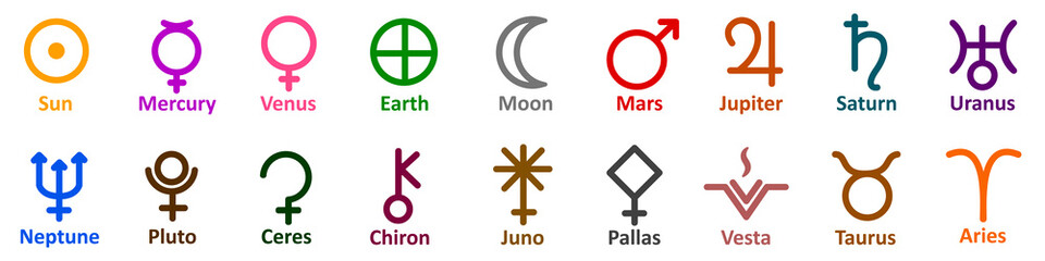 Set of simple astrology symbols icon of planets, celestial bodies, zodiac constellations, aspects, nodes, astronomy, star maps, horoscopes. Collection astrology signs - stock vector © dlyastokiv