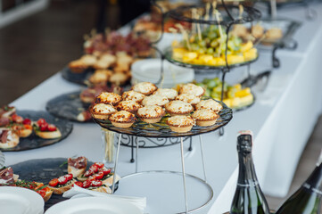 Sandwiches, canapes and cakes on the festive table. A wide variety of snacks