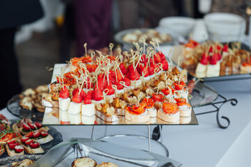 Sandwiches, canapes and cakes on the festive table. A wide variety of snacks