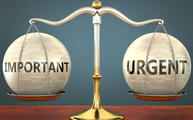 important and urgent staying in balance - pictured as a metal scale with weights and labels important and urgent to symbolize balance and symmetry of those concepts, 3d illustration - obrazy, fototapety, plakaty