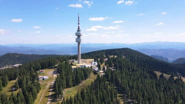 Aerial view of Rhodope Mountains and Snezhanka tower near resort of Pamporovo, Smolyan Region, Bulgaria