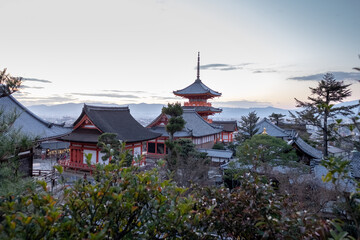 Fototapeta premium Kiyomizu-dera, Golden Hour, Traditional Roofs in Japan, Kyoto, Japan December 17, 2018