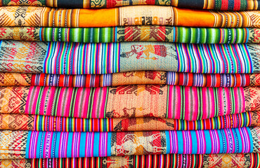 Traditional Andes fabric on the local art and craft market of Tarabuco, Sucre region, Bolivia.