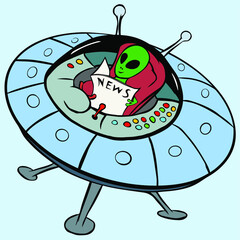 Vector  illustration of a smiling green alien sitting in a flying saucer and reading a newspaper