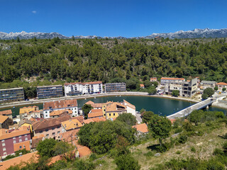 Panoramic view on city Obrovac in northern Dalmatia on river Zrmanja