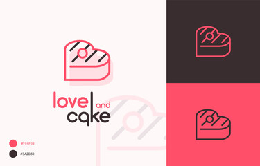 Creative line vector logo love and cake for sweets, cake shop, boutique, company, bakery, cafe