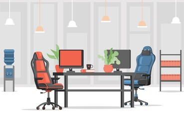 Modern and stylish workplace vector flat design. Red and blue armchairs or gaming chairs, computer monitors, and office documents in book shelves. Office interior design. © Pavlo Plakhotia