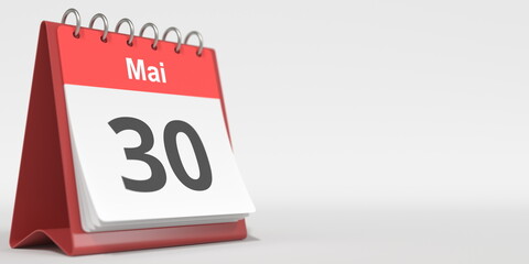 May 30 date written in German on the flip calendar page. 3d rendering