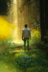 Man in denim jacket in forest during dreamy sunrise with sun rays shining trough the forest.