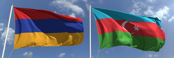 Flying flags of Armenia and Azerbaijan on high flagpoles. 3d rendering