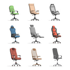 Set of different working chairs. Grey, red, blue, green, and brown office chairs vector flat illustration isolated on white background. Comfortable modern working chairs for office or cabinet.