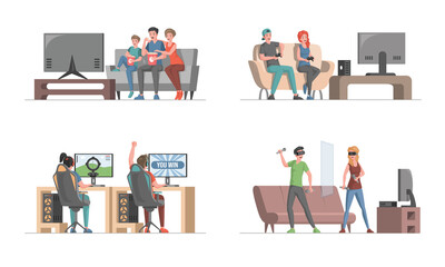 Electronic entertainment vector flat illustration. Happy people having fun playing video games with gamepads and VR helmets, watching movies on TV. Professional cyber sport, virtual reality concept.