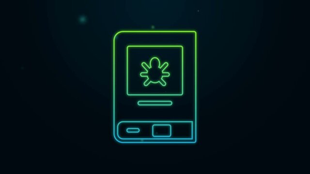Glowing neon line Book about insect icon isolated on black background. 4K Video motion graphic animation