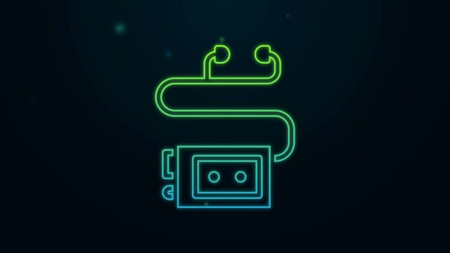 Glowing neon line Museum audio guide icon isolated on black background. Headphones for excursions. 4K Video motion graphic animation