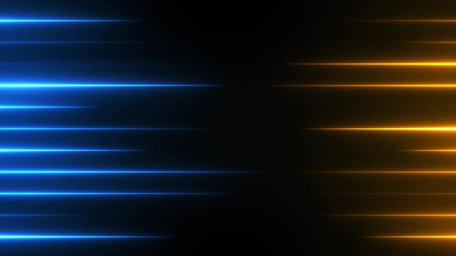 Abstract neon background with blue and golden lights. Split screen texture for comparison concept. Futuristic competition backdrop template. Seamless loop.