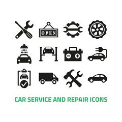Car service and repair icons set on white background.